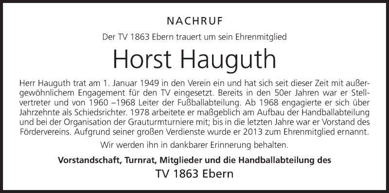  Traueranzeige für Horst Hauguth vom 24.03.2016 aus MGO