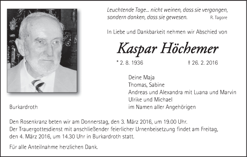  Traueranzeige für Kaspar Höchemer vom 01.03.2016 aus MGO