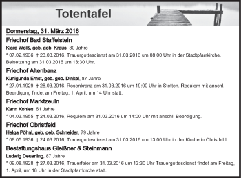 Anzeige von Totentafel vom 31.03.2016 von MGO