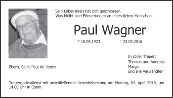 Anzeige von Paul Wagner von MGO
