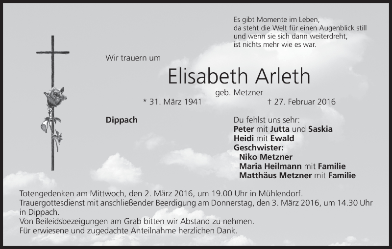  Traueranzeige für Elisabeth Arleth vom 01.03.2016 aus MGO