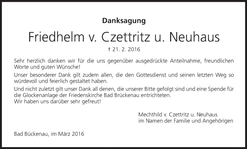  Traueranzeige für Friedhelm v. Czettritz u. Neuhaus vom 05.03.2016 aus MGO
