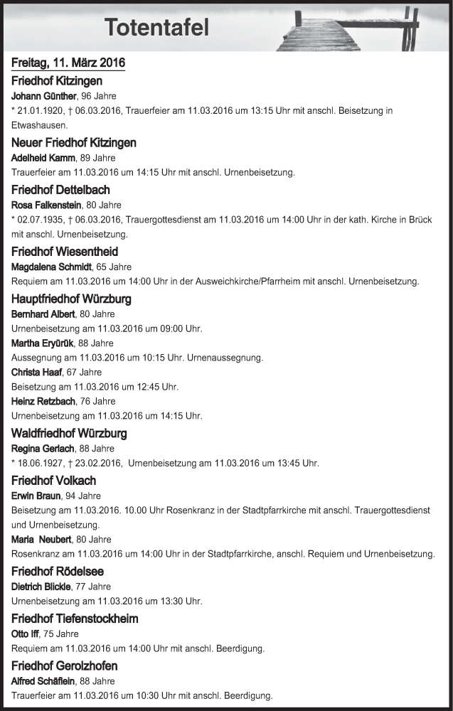  Traueranzeige für Totentafel vom 11.03.2016 vom 11.03.2016 aus MGO