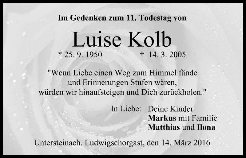  Traueranzeige für Luise Kolb vom 14.03.2016 aus MGO