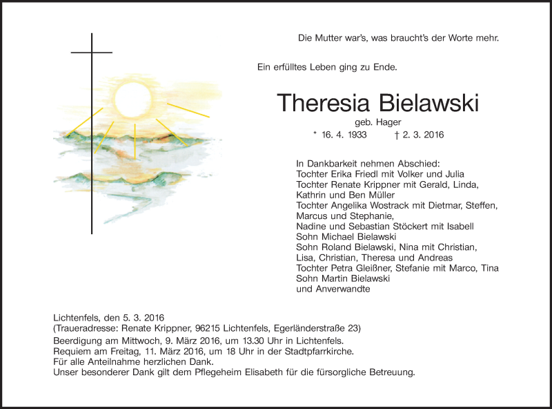  Traueranzeige für Theresia Bielawski vom 05.03.2016 aus MGO