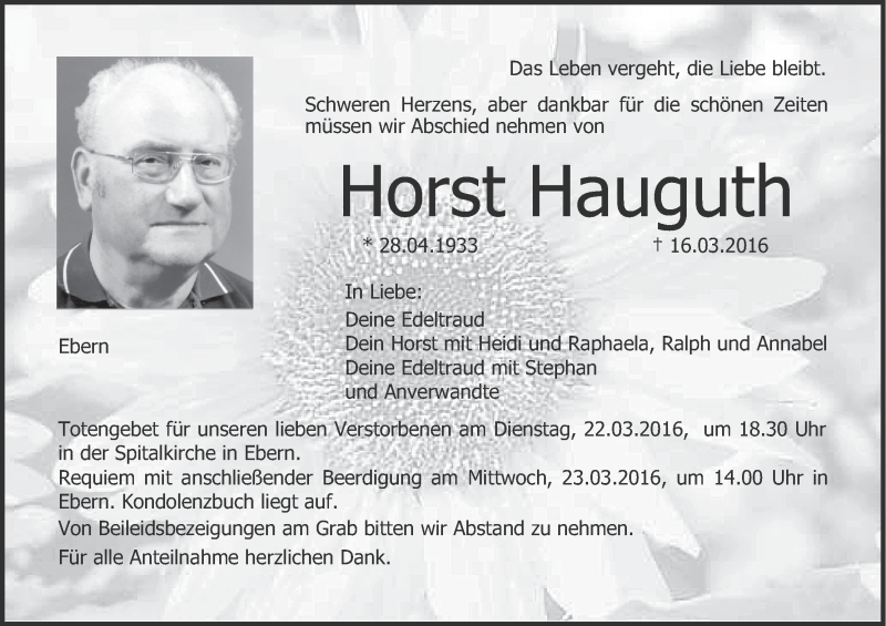  Traueranzeige für Horst Hauguth vom 19.03.2016 aus MGO