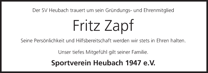 Traueranzeige für Fritz Zapf vom 08.03.2016 aus MGO
