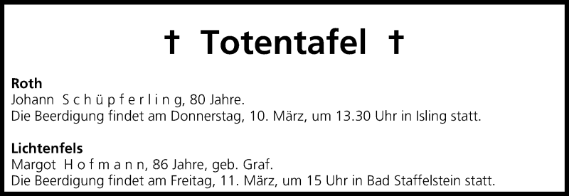  Traueranzeige für Totentafel vom 10.03.2016 vom 10.03.2016 aus MGO