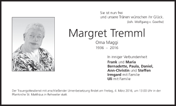 Anzeige von Margret Tremml von MGO