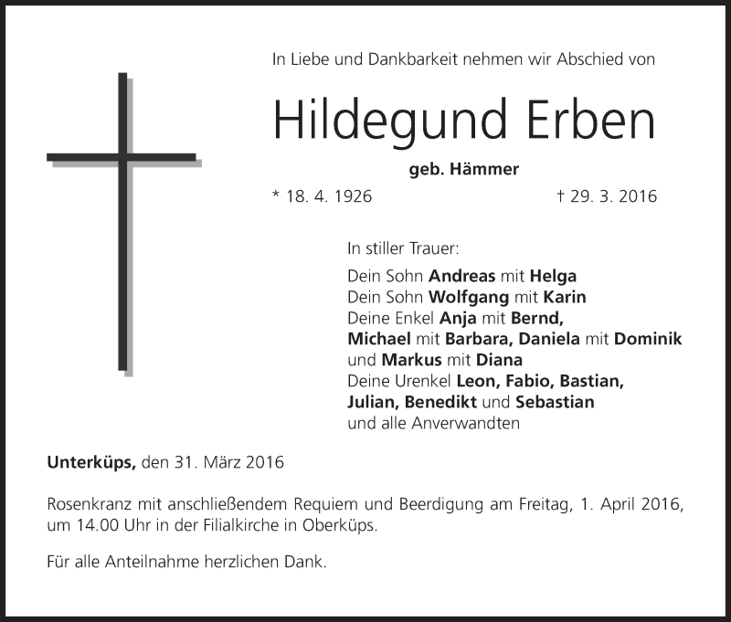  Traueranzeige für Hildegund Erben vom 31.03.2016 aus MGO