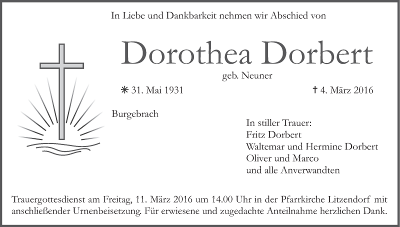  Traueranzeige für Dorothea Dorbert vom 08.03.2016 aus MGO
