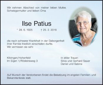 Anzeige von Ilse Patius von MGO