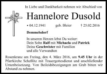 Anzeige von Hannelore Dusold von MGO