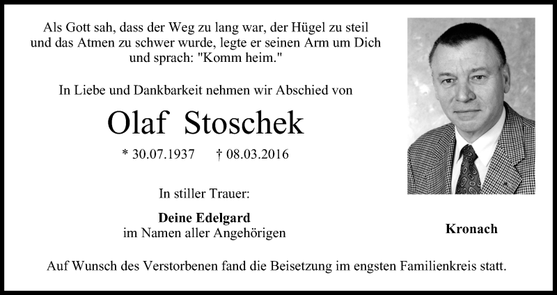  Traueranzeige für Olaf Stoschek vom 19.03.2016 aus MGO
