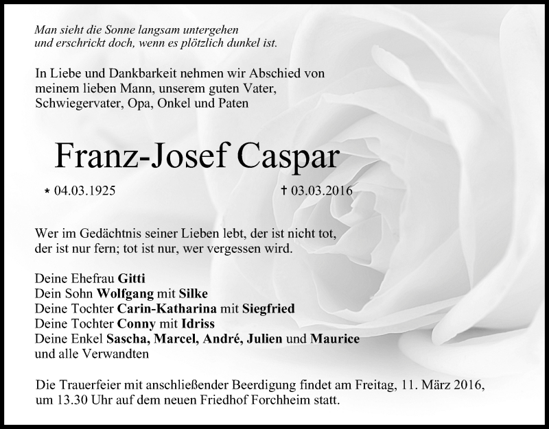  Traueranzeige für Franz-Josef Caspar vom 09.03.2016 aus MGO