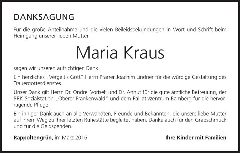  Traueranzeige für Maria Kraus vom 12.03.2016 aus MGO