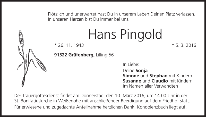  Traueranzeige für Hans Pingold vom 08.03.2016 aus MGO
