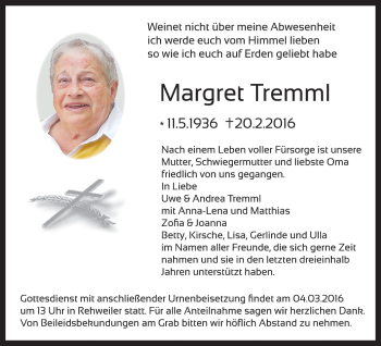 Anzeige von Margret Tremml von MGO