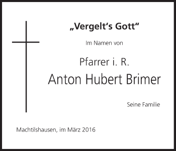 Anzeige von Anton Hubert Brimer von MGO