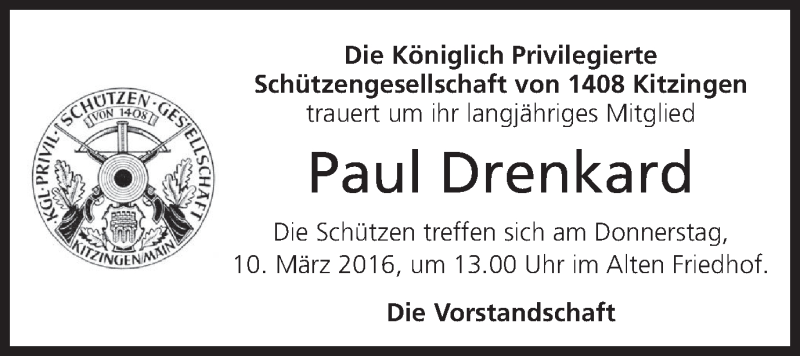  Traueranzeige für Paul Drenkard vom 09.03.2016 aus MGO