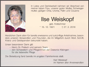 Anzeige von Ilse Weiskopf von MGO
