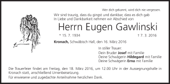 Anzeige von Eugen Gawlinski von MGO