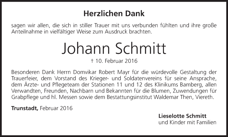  Traueranzeige für Johann Schmitt vom 05.03.2016 aus MGO