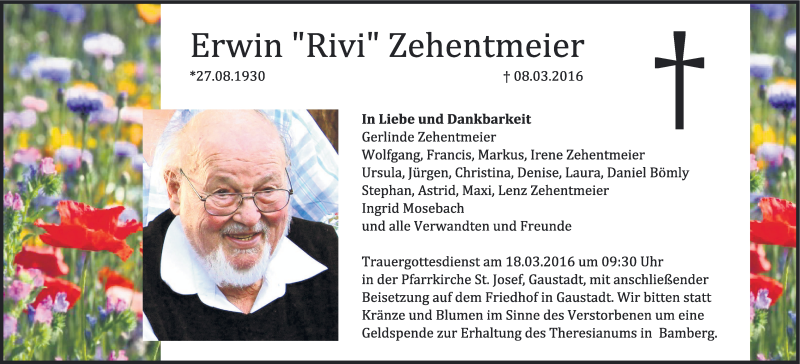  Traueranzeige für Erwin Zehentmeier vom 12.03.2016 aus MGO