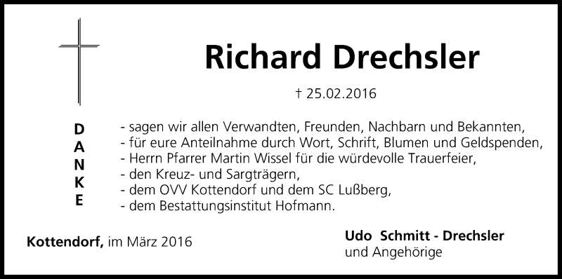  Traueranzeige für Richard Drechsler vom 26.03.2016 aus MGO
