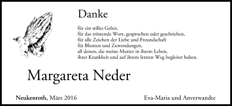  Traueranzeige für Margareta Neder vom 12.03.2016 aus MGO