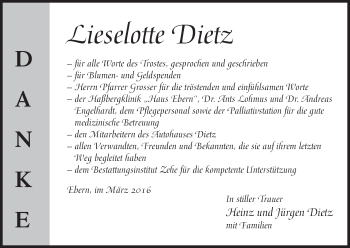Anzeige von Lieselotte Dietz von MGO