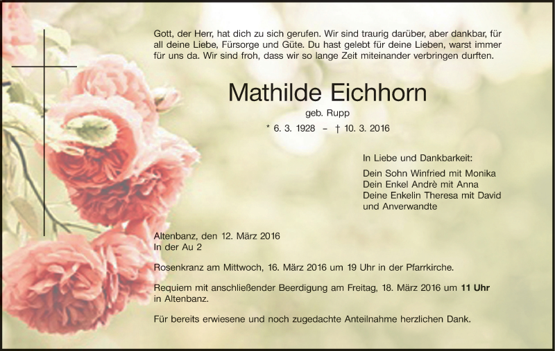  Traueranzeige für Mathilde Eichhorn vom 12.03.2016 aus MGO