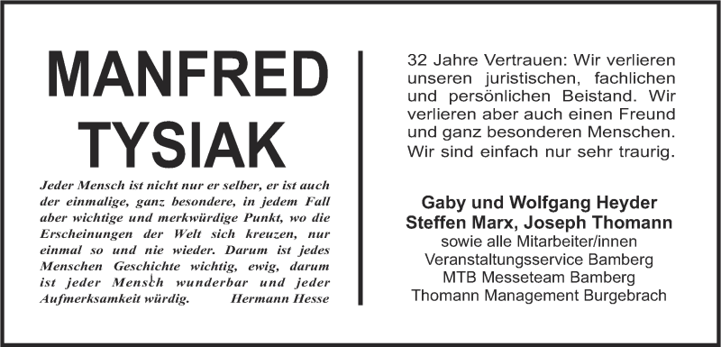  Traueranzeige für Manfred Tysiak vom 02.03.2016 aus MGO