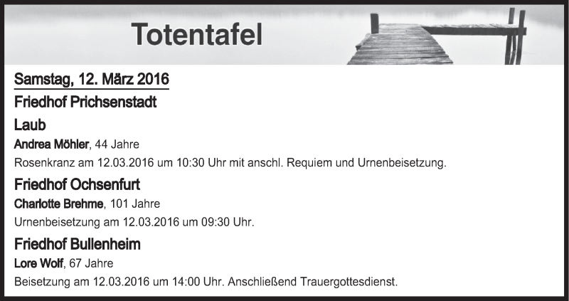  Traueranzeige für Totentafel vom 12.03.2016 vom 12.03.2016 aus MGO