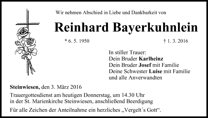  Traueranzeige für Reinhard Bayerkuhnlein vom 03.03.2016 aus MGO