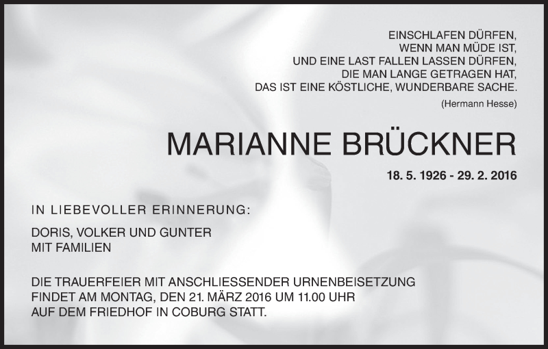  Traueranzeige für Marianne Brückner vom 17.03.2016 aus MGO