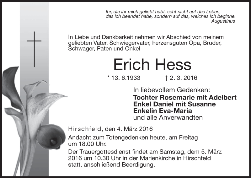  Traueranzeige für Erich Hess vom 04.03.2016 aus MGO