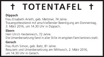 Anzeige von Totentafel vom 02.03.2016 von MGO