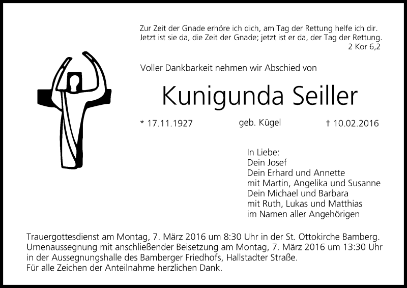  Traueranzeige für Kunigunda Seiller vom 05.03.2016 aus MGO