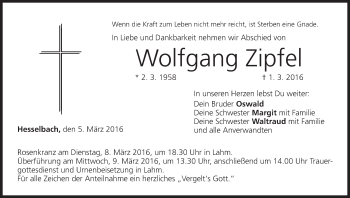 Anzeige von Wolfgang Zipfel von MGO