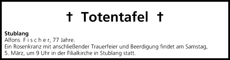  Traueranzeige für Totentafel vom 05.03.2016 vom 05.03.2016 aus MGO