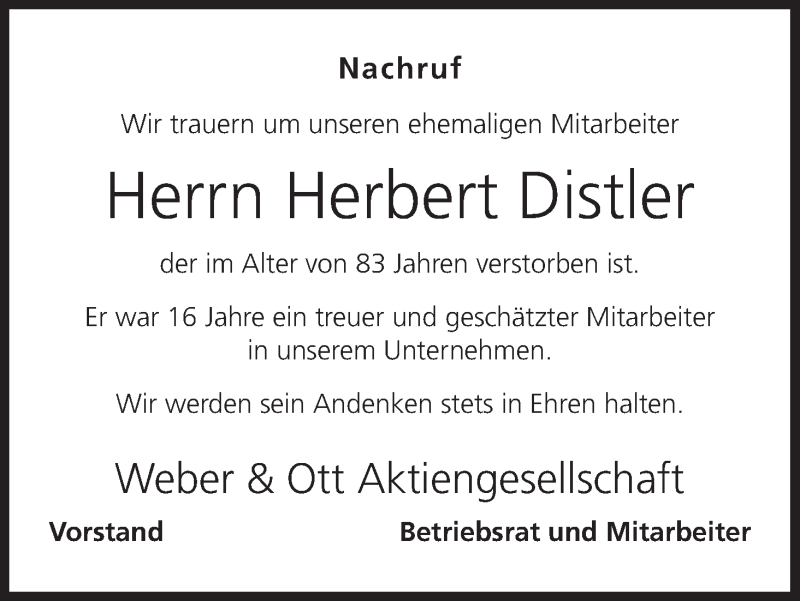  Traueranzeige für Herbert Distler vom 09.03.2016 aus MGO