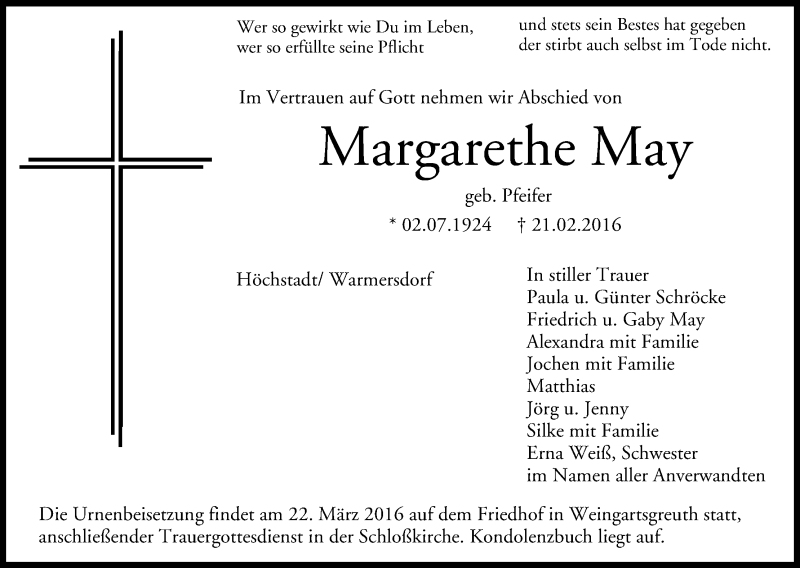  Traueranzeige für Margarethe May vom 19.03.2016 aus MGO