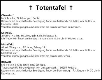 Anzeige von Totentafel vom 16.03.2016 von MGO