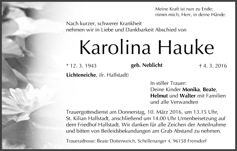  Traueranzeige für Karolina Hauke vom 08.03.2016 aus MGO