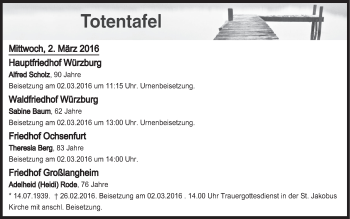 Anzeige von Totentafel vom 02.03.2016 von MGO