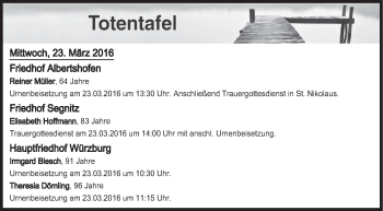 Anzeige von Totentafel vom 23.03.2016 von MGO