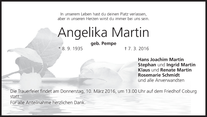  Traueranzeige für Angelika Martin vom 09.03.2016 aus MGO