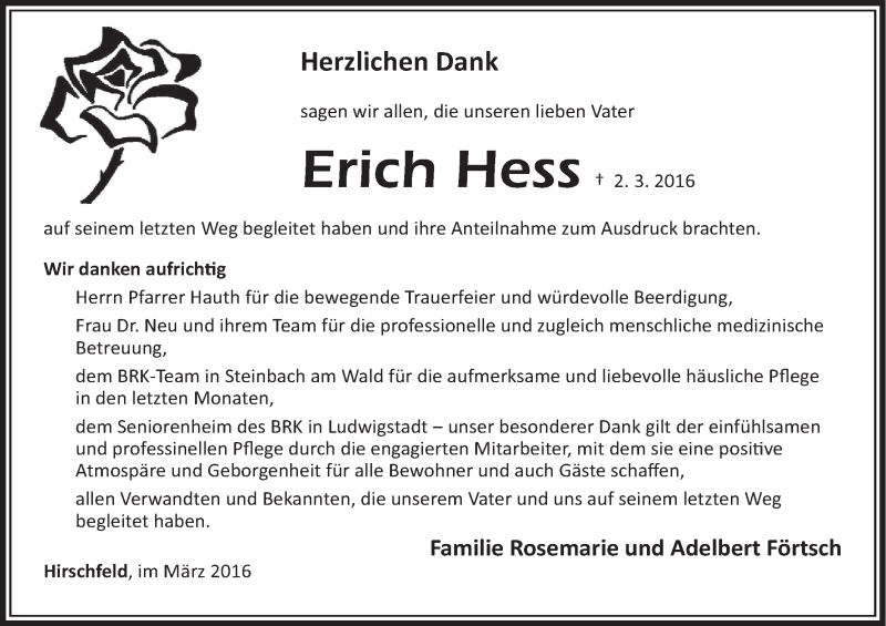  Traueranzeige für Erich Hess vom 19.03.2016 aus MGO