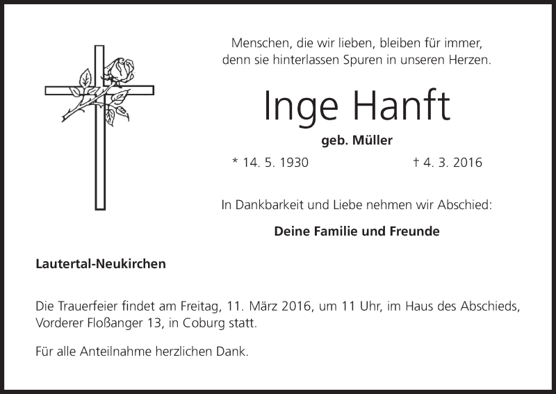  Traueranzeige für Inge Hanft vom 09.03.2016 aus MGO